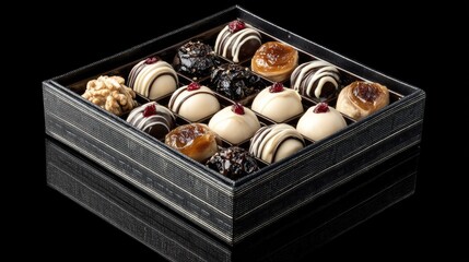 Assorted chocolates in a dark gift box.