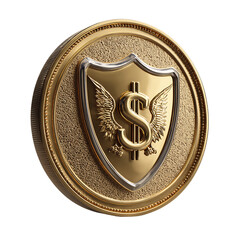 A golden coin with a winged dollar symbol on a shield, isolated on transparent background, signifies financial freedom and security