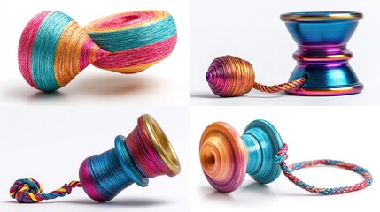Four colorful spinning tops, angled views.  Each top features vibrant multi-colored patterns, some with striped or swirling designs.  Metal and string accents 