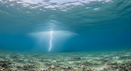Bright Lightning Strike Illuminating Turquoise Ocean and Seabed Scene