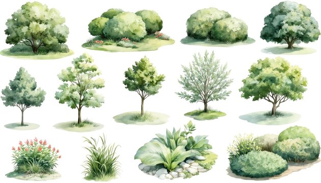 Collection of gentle watercolor landscape mapping assets featuring varied green foliage, trees, bushes. Botanical illustration includes architectural vegetation markers for garden planning, design.