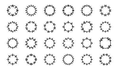 Decorative Flower and Floral Element Icon Set Featuring Wreaths, Potted Flowers, Hanging Blooms, Petals, and Stylized Lotus Designs in Minimal Silhouettes Style on White Background

