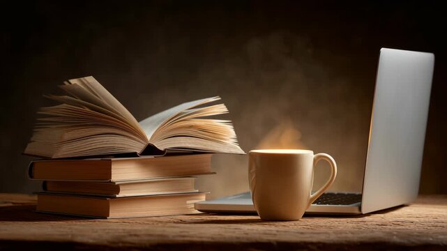 Open book stack laptop steaming cup on wooden table creating warm focused atmosphere for virtual study group session and learning environment