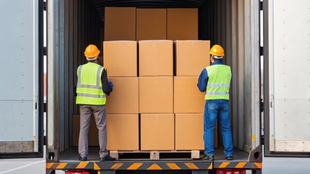 Two workers in safety vests load cardboard boxes into a truck, showcasing logistics and teamwork in transportation.