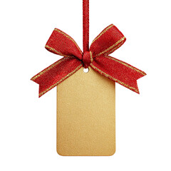 A gold gift tag with a red ribbon and bow hangs isolated on transparent background, ready for a personalized message