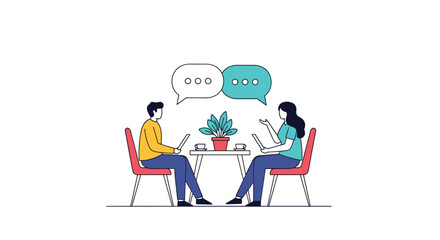 Two people having a conversation at a table with laptops and a plant between them