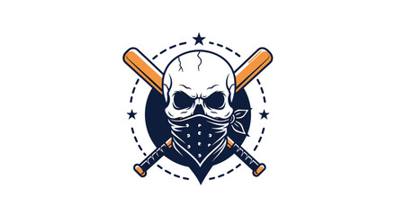 A skull wearing a bandana crossed with baseball bats inside a circle embellished with stars and dots