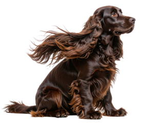  Field Spaniel with Windswept Ears Sitting in Profile, Transparent Background PNG