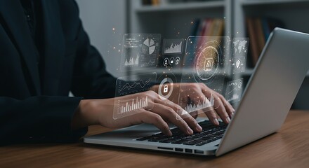 Business professional analyzing complex data on a laptop, interacting with a futuristic virtual interface displaying charts and analytics