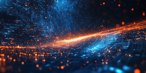 Obraz premium Vibrant digital landscape showcasing glowing blue and orange particles in an abstract space at night
