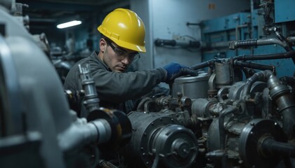 Engine technician in yellow hard hat works on diesel engine inside cargo ship engine room. Man wears safety glasses, gloves, focused on machinery repair, maintenance. Industrial, maritime, nautical,