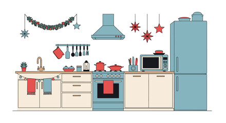 Cozy christmas kitchen decorated for the holidays with festive ornaments and garland creating a warm and inviting atmosphere