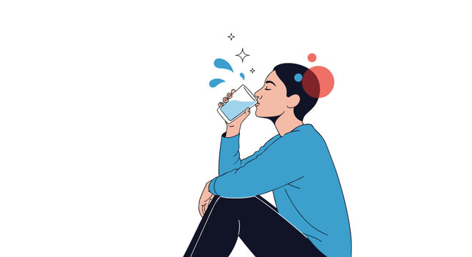 Young person sitting down enjoying a refreshing drink of water on a bright sunny day hydrating and feeling revitalized