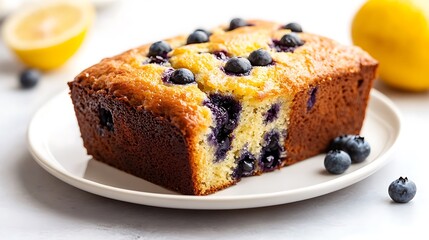 Fresh Blueberry Lemon Loaf Cake on a White Plate