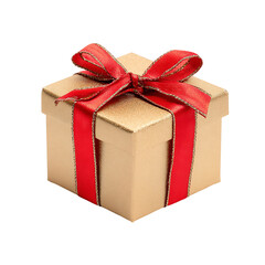 A small golden gift box with a red ribbon and bow sits isolated on a transparent background, ready to be given as a present