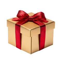 A shiny golden gift box with a red ribbon and bow is isolated on transparent background, perfect for any special occasion