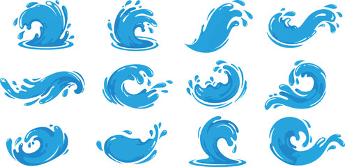Fototapeta premium Blue water drops set with splash and wave design elements, perfect for nature and ocean illustrations
