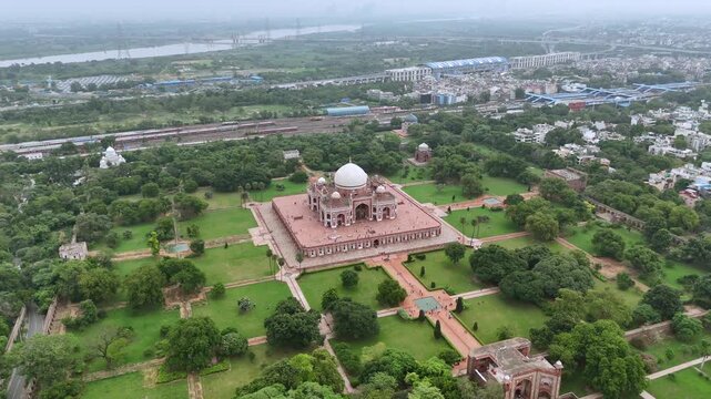 An aerial shot of Humayun's Tomb at New Delhi in India
