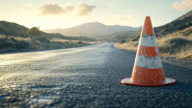 Orange traffic cone on rural road at sunset