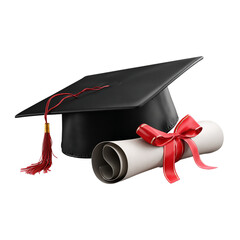 A graduation cap and diploma tied with a red ribbon isolated on transparent background, symbolizing academic achievement and educational success