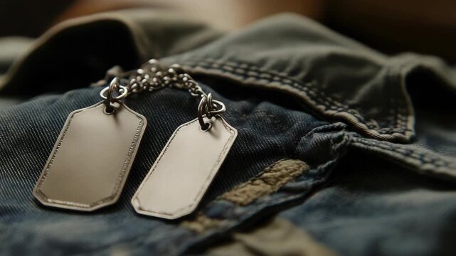 Metal dog tags on chain resting fabric