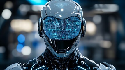 Futuristic humanoid robot head with glowing digital face in technology lab
