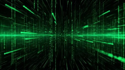 Green digital matrix code animation representing virtual data streams