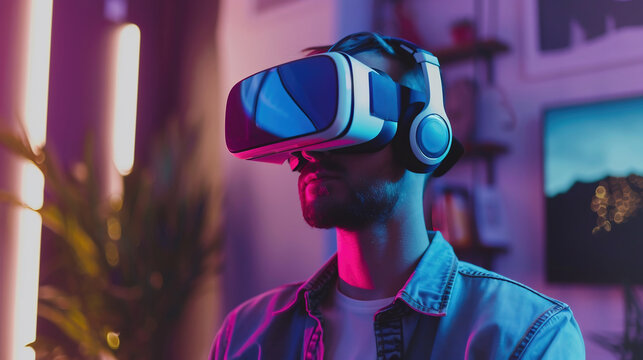 Young bearded man wearing virtual reality glasses in modern interior design coworking studio. Smartphone using with VR goggles headset.