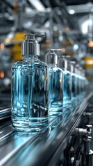 Production line shows bottles being filled with liquid in a modern manufacturing facility for personal care products