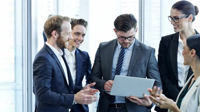 Diverse business professionals confidently discuss a project in a modern office setting. - Powered by Adobe