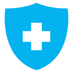 Logo medical. Icono silueta de escudo con cruz en espacio negativo 