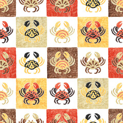 Seamless pattern with colorful crabs in a square grid. Hand-drawn with wax crayons. Bright marine design with naive textured style. Playful layout for kids and fabric.
