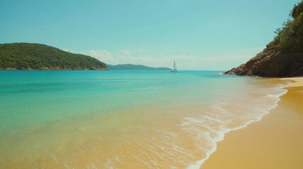 Obraz premium Serene Coastal Scene: Turquoise Waters, Sandy Beach, Sailboat, and Lush Green Hills.