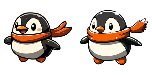 Cute cartoon penguins walking playfully isolated on transparent PNG image perfect for winter-themed designs or children's educational visuals