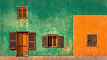 Vibrant colors paint a facade of a building with shutters.