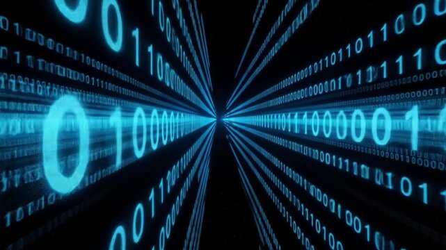 Blue digital binary tunnel animation symbolizing data transfer and digital connectivity