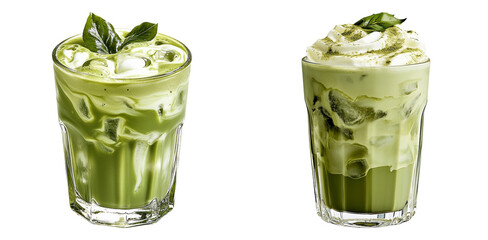 Matcha green tea beverages with ice served in clear cups isolated on transparent PNG background perfect for product packaging or menu design