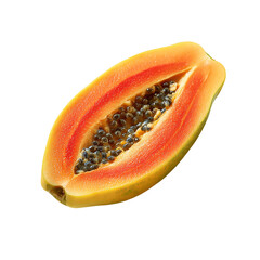 A vibrant papaya half, isolated on transparent background, reveals its juicy orange flesh and dark seeds, offering a taste of tropical paradise