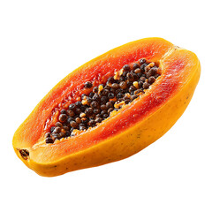 A ripe half papaya with its black seeds is isolated on transparent background, showcasing its vibrant color and tropical flavor