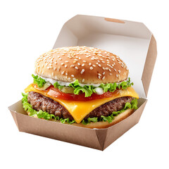 A delicious cheeseburger with fresh toppings is presented in an open takeaway box, isolated on transparent background
