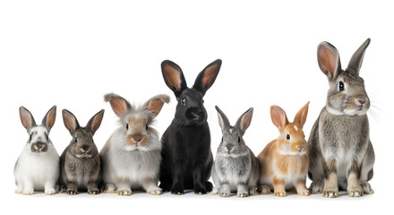 Seven Rabbits in a Row on White Background, Studio Shot