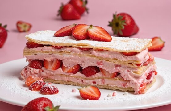 Strawberry mille-feuille pastry with layers of flaky dough, pink cream filling. Fresh strawberry slices, powdered sugar dusting adorn dessert. Served on white plate, perfect for cafes, bakeries,