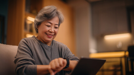 Elderly Asian woman using smart health watch during telehealth video call on tablet, smiling in warm living room setting, modern senior technology and wellness concept