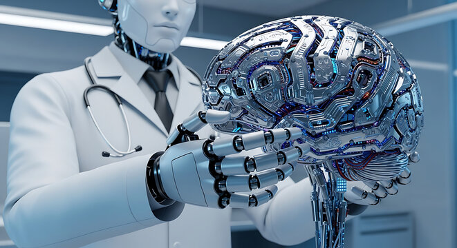 A robot doctor holds a metallic brain, showcasing the intersection of medicine and artificial intelligence.