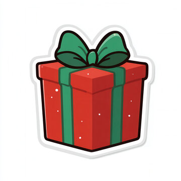 Colorful cartoon gift box with red wrapping paper and green bow ribbon for christmas holiday celebration
