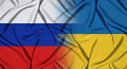 Russian flag on the left and Ukrainian flag on the right, both in high-detail fabric texture, natural lighting, full image covered with flags, JPG image