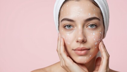 AI skin analysis app guides personalized skincare. Woman face shows product application and facial mapping for treatment. Health tech promotes targeted beauty solutions for optimal skin health.