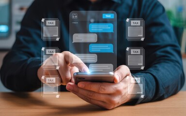 Financial management communication concept showing chat interface and holographic tax icons around smartphone held in professional hands