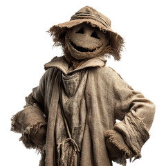 A burlapclad scarecrow with a sinister grin stands isolated on transparent background, a symbol of halloweens eerie charm