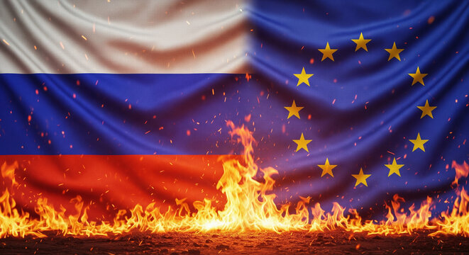 Fabric flags of Russia and European Union split at center with fire on the ground, embers rising in air, intense lighting, full image covered, JPG image